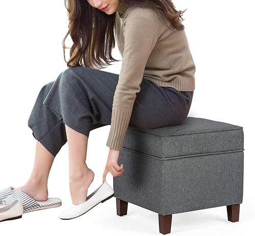 Miniatura 5 de Asense Otomana cuadrada de almacenamiento de 17 pulgadas, taburete pequeño para sofá, taburete tapizado de tela de lino sintético para entrada,