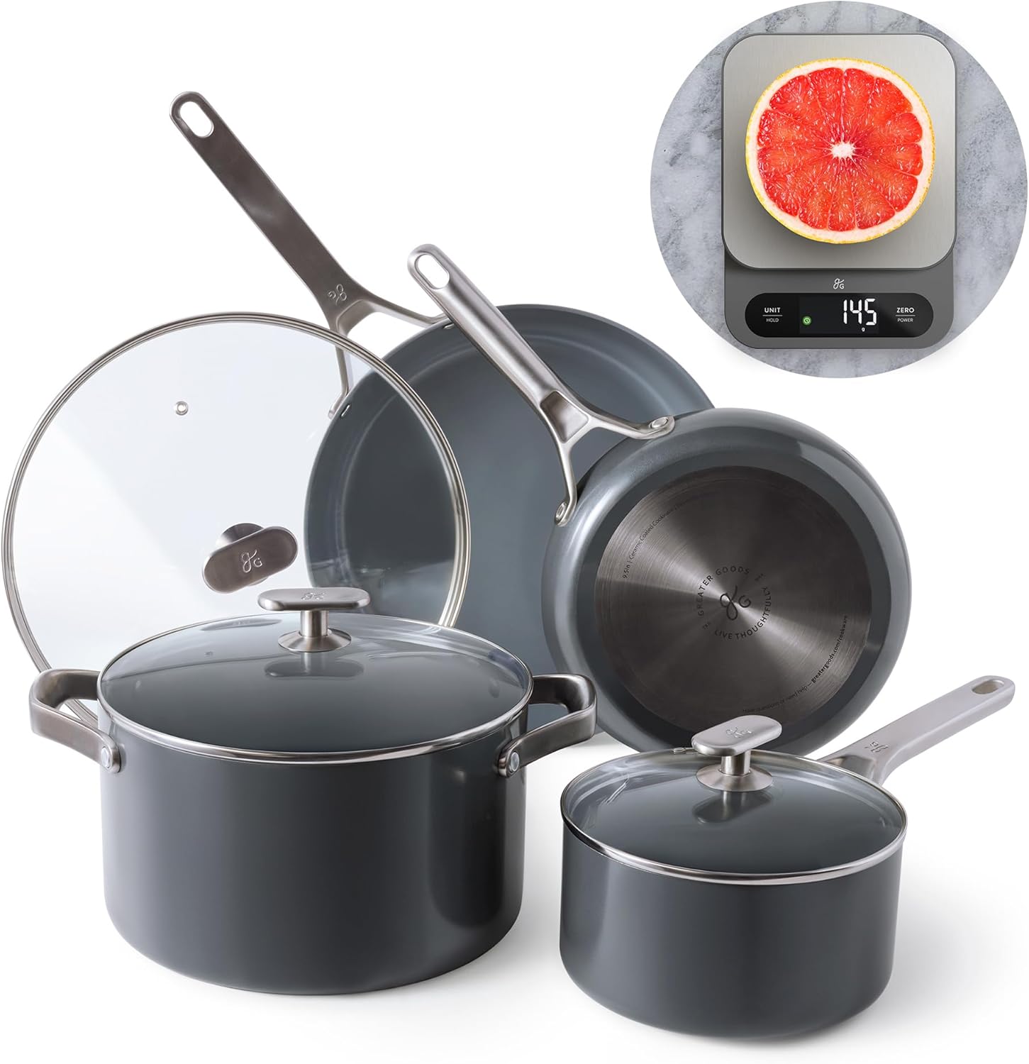 Greater Goods Savvy Ceramic Nonstick Cookware Set, 10 Piece Kit, and High Capacity Scale, Gray