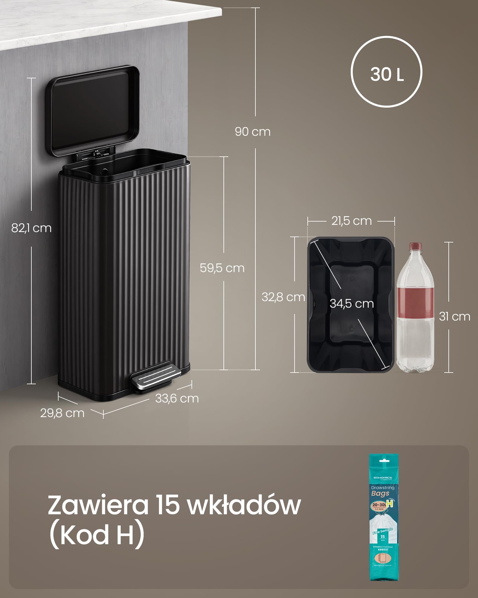 SONGMICS Kosz na Śmieci, Stalowy, 30 L, z Wewnętrznym Wiaderkiem