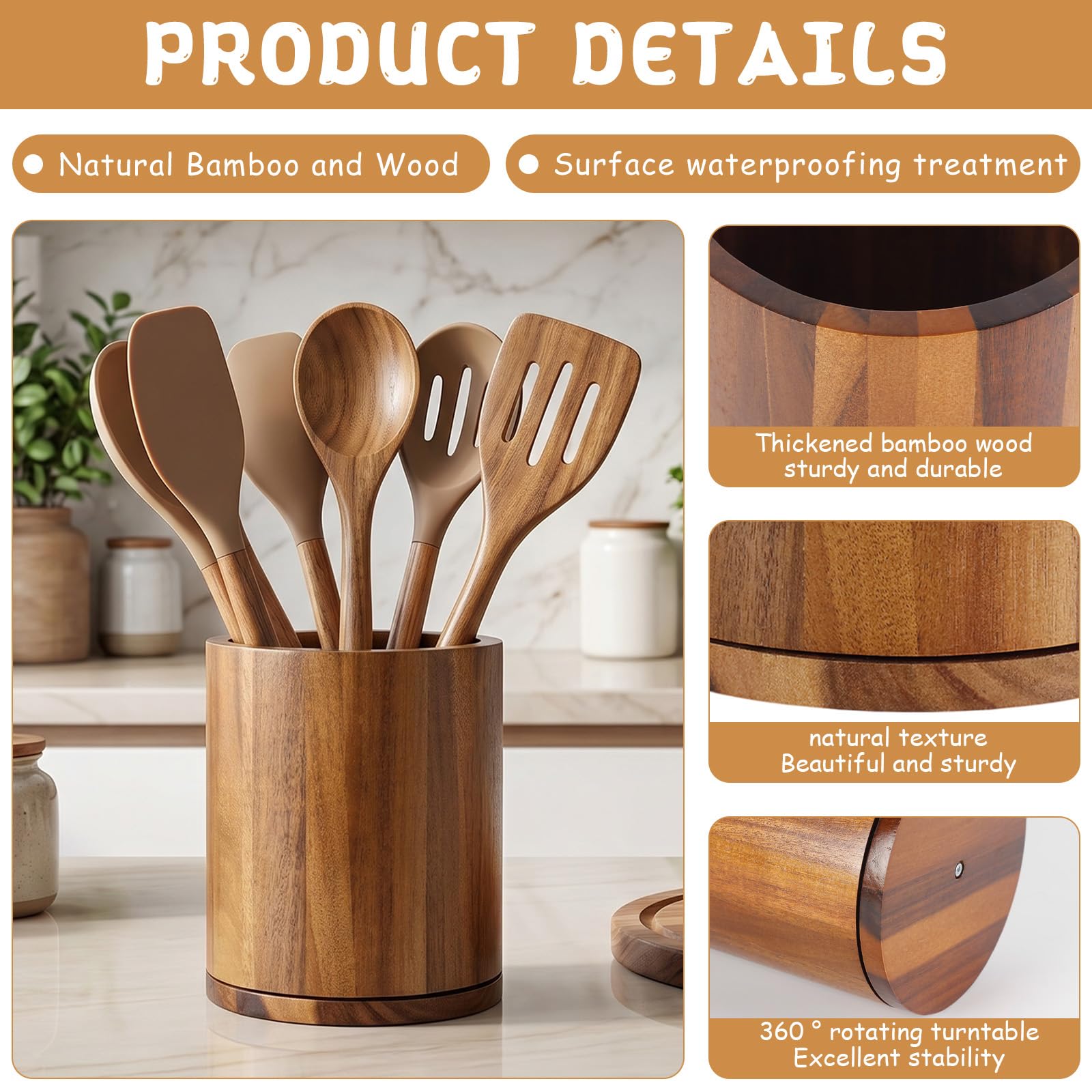Portautensili da Cucina in Bambù Girevole 360°, 18.5×15.5×15.5cm, Impermeabile, Portautensili per Utensili da Cucina con Spazio 10-15 Utensili per Bancone da Cucina.