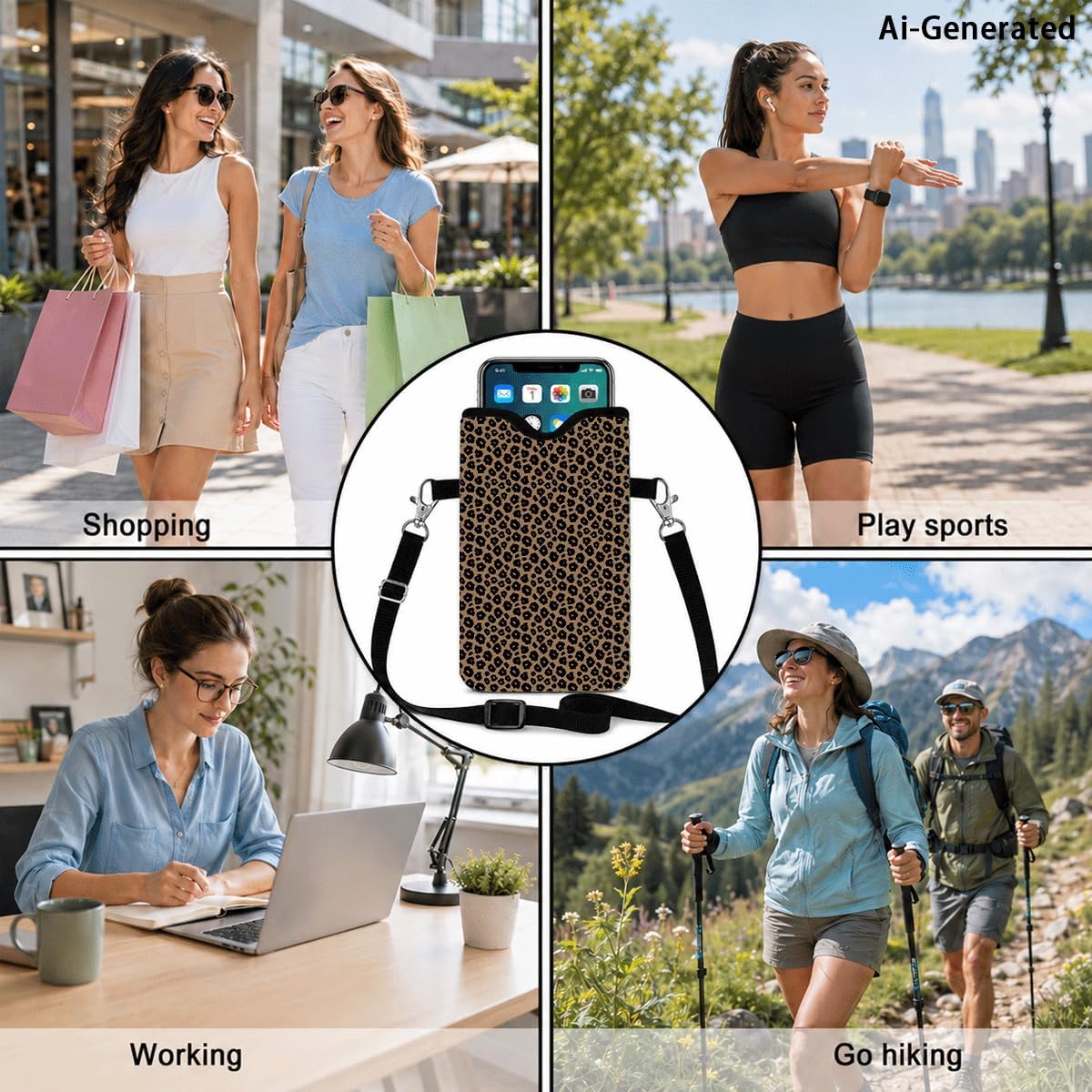 Leopard Print Neoprene Cell Phone Pouch with Crossbody Strap, 7.1 x 3.9 in | Shockproof mobile protection case bag with neck lanyard for women and men, fits most phones, travel and daily use