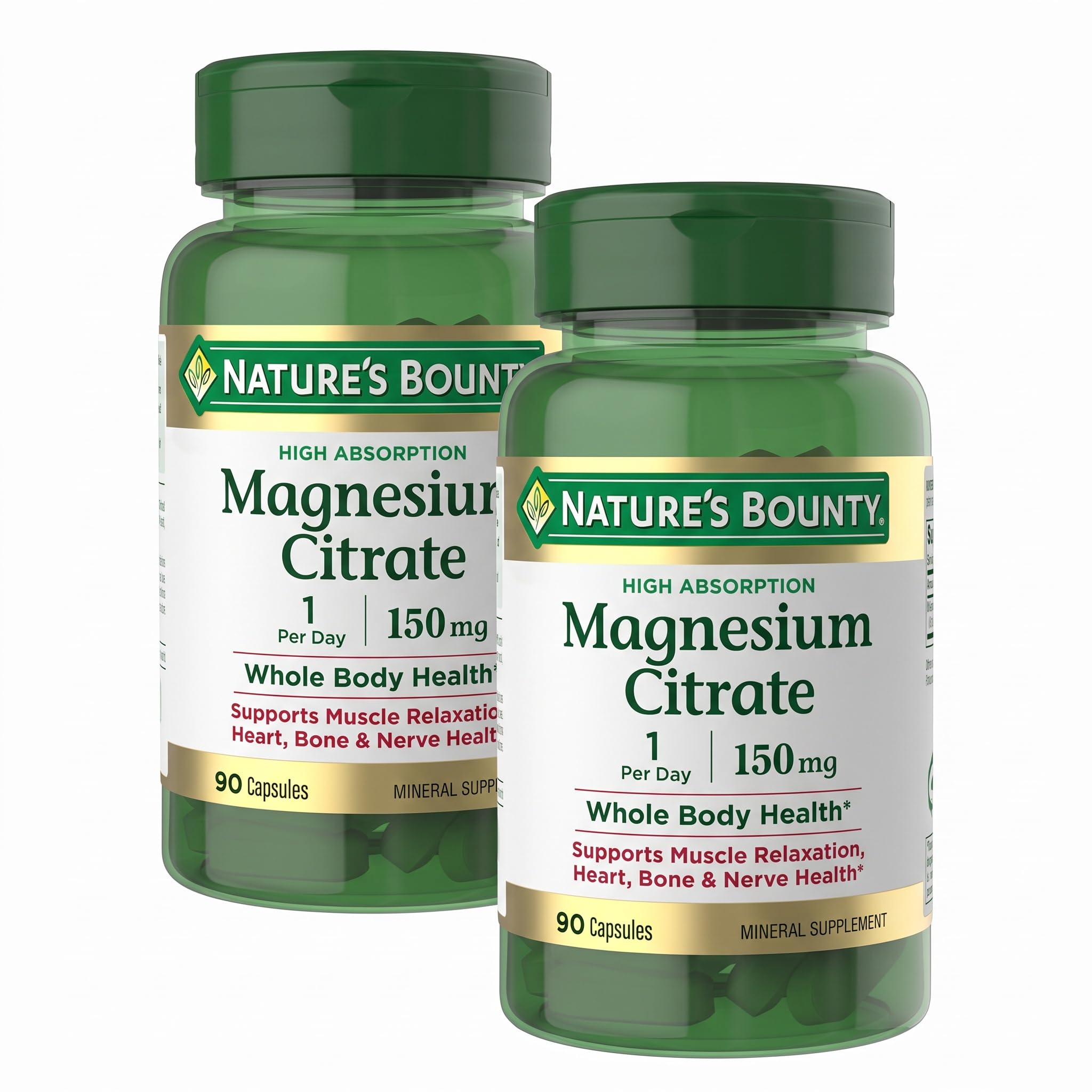 Nature’s Bounty Magnesium Citrate, High Absorption Magnesium Supplement for Whole Body Health with 150 mg Magnesium, Vegetarian, Gluten Free, 90 Capsules (Pack