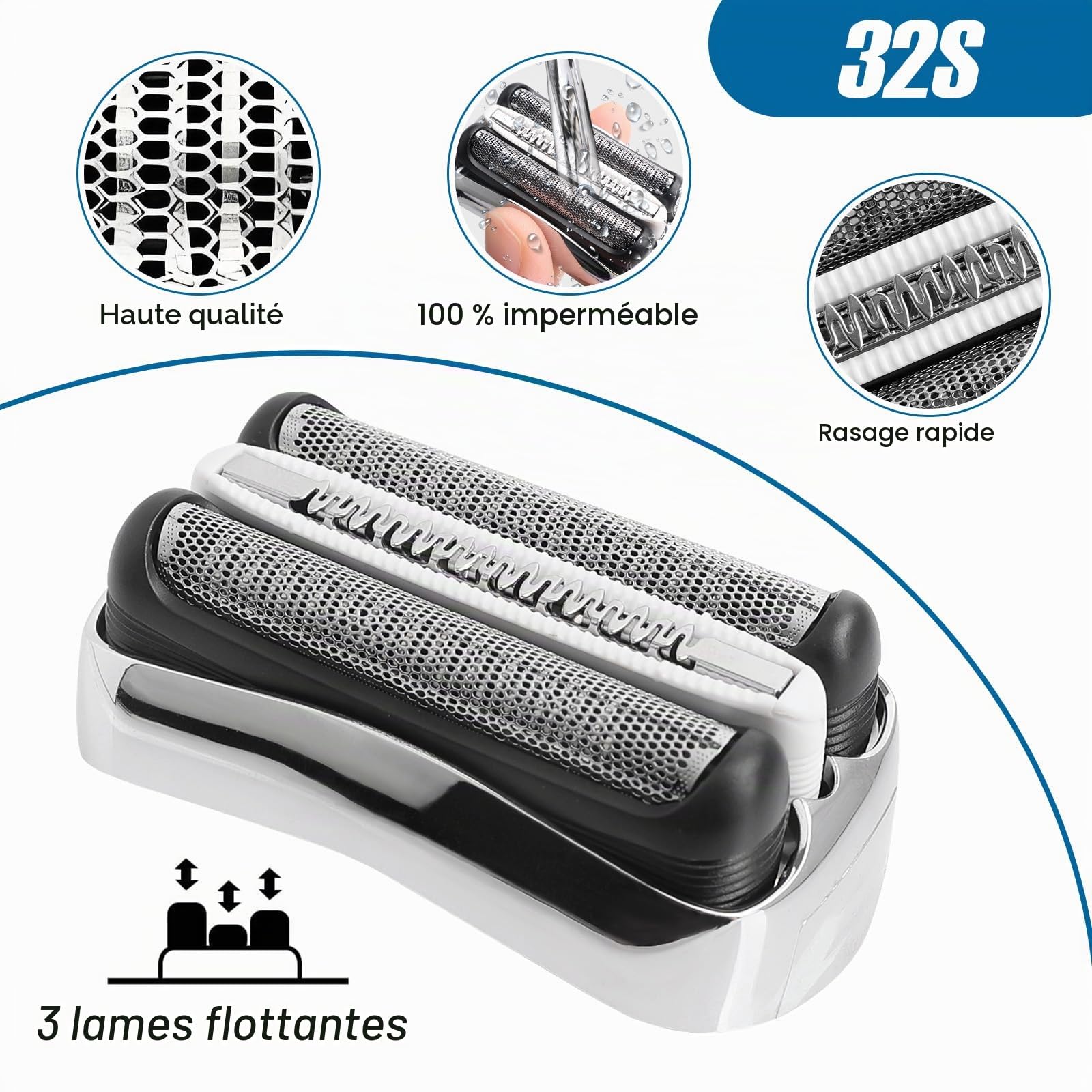 32S Series 3 Tête de rechange compatible avec tous les rasoirs Braun S3, S3 32S Foil & Cutter, feuilles de rasoir électriques humides et sèches pour 3010s, 3040s, 3080s, 310s, 320S, 330S, 340S, 380S