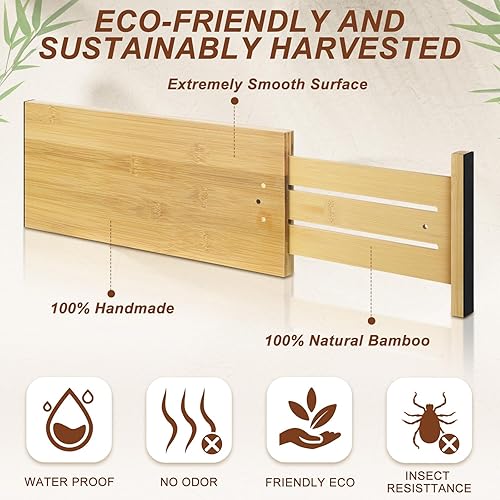 Miniatura 3 de 4 separadores de cajones de bambú profundo, organizador de cajones de cocina profunda con resorte para ropa, ajustable y expandible de 15 a 22
