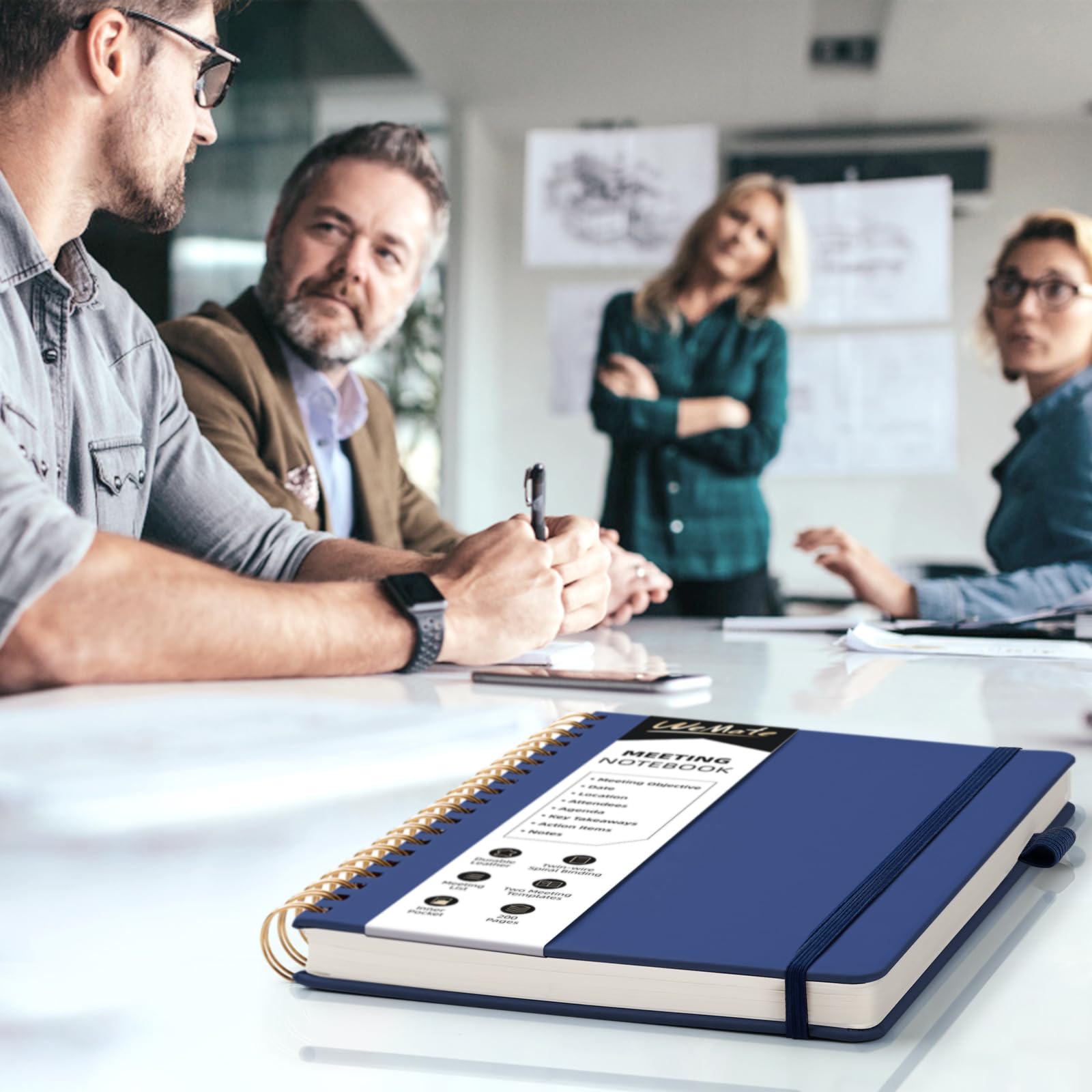 WEMATE Cuaderno de reuniones para el trabajo B5 (7 x 10 pulgadas), cuaderno de trabajo de piel sintética con agenda, artículos de acción y notas, 200 páginas para hombres y mujeres, personal y
