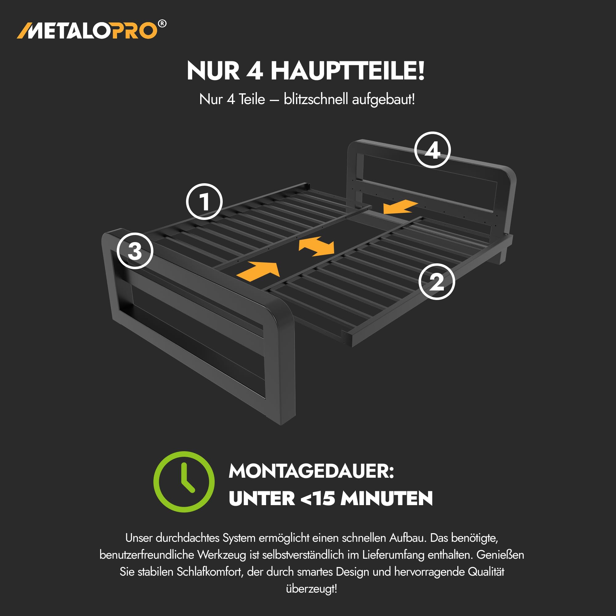 Massives Bettgestell – Metall Bettrahmen bis 1000 kg belastbar, Robuster Metallrost ohne Quietschen, Viel Stauraum, Schnelle Montage <15 Min, Modernes Design - 140x200 cm