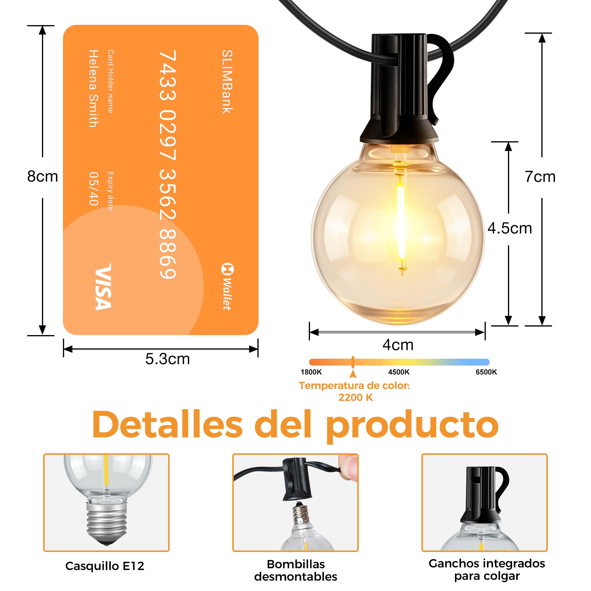HeiPard Guirnalda Luces Exterior, 15M con 25+2 Bombillas, Luces Exterior Jardin Enchufables, Blanco Cálido 2200 K, Cadena de Luces IP45 Impermeable para Jardín, Terraza, Navidad, Fiesta