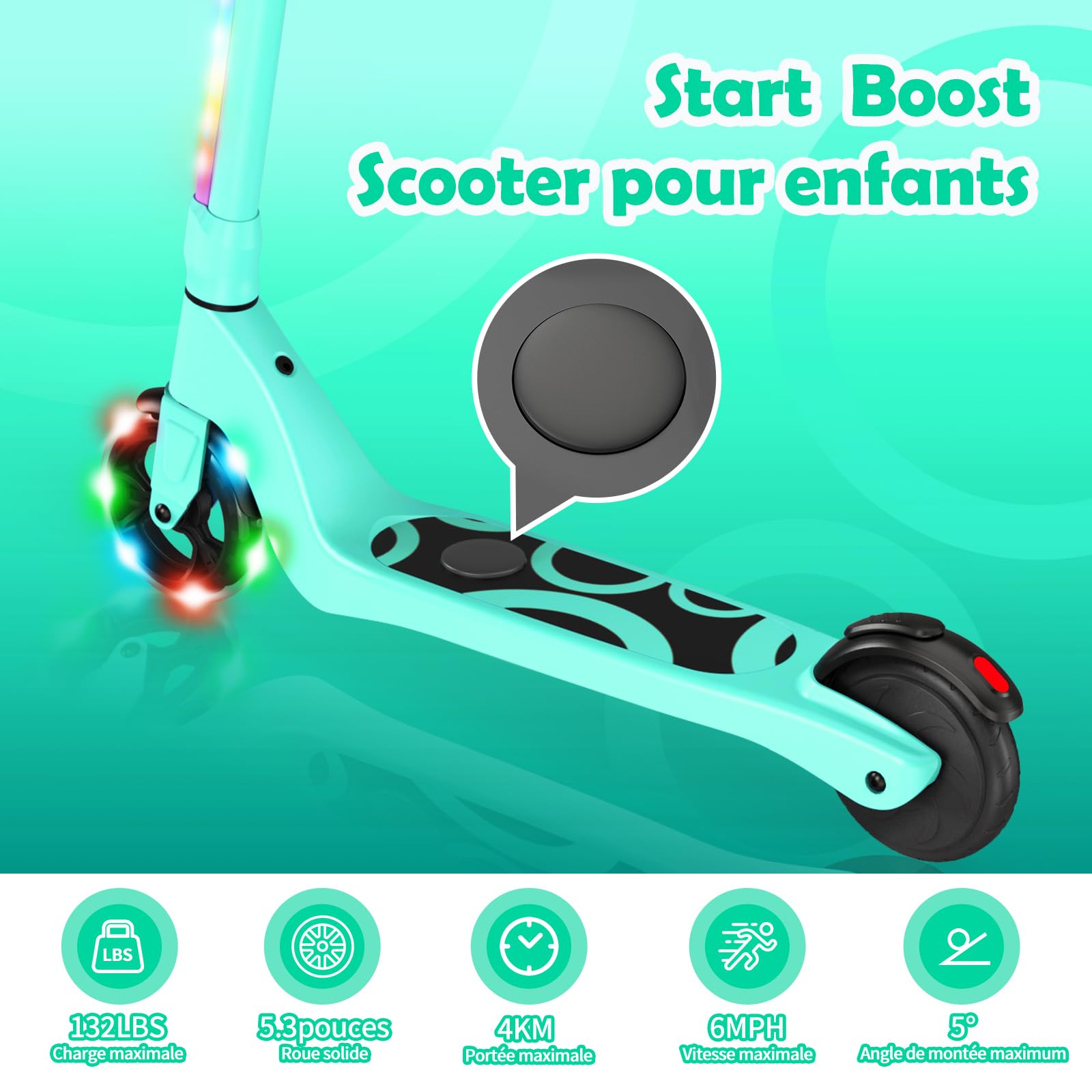 SISIGAD - Patinete eléctrico Infantil de 6 a 8 – 10 – 12 años con luz LED Colorida y 3 Alturas Ajustables, Scooter eléctrico para niños, Carga máxima 70 kg, Velocidad máxima 10 km/h