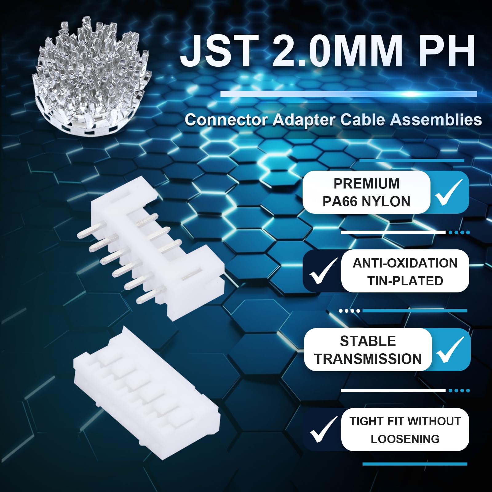 CQRobot JST PH 2.0 mm Pitch 6-Pin Electronic Computer Connector IC Male Plugs, Female Sockets Housing and T-Shaped Crimp Terminal Kit. 50 Sets/400 Pieces Wire-to-Board Adapter Cable Assembly.