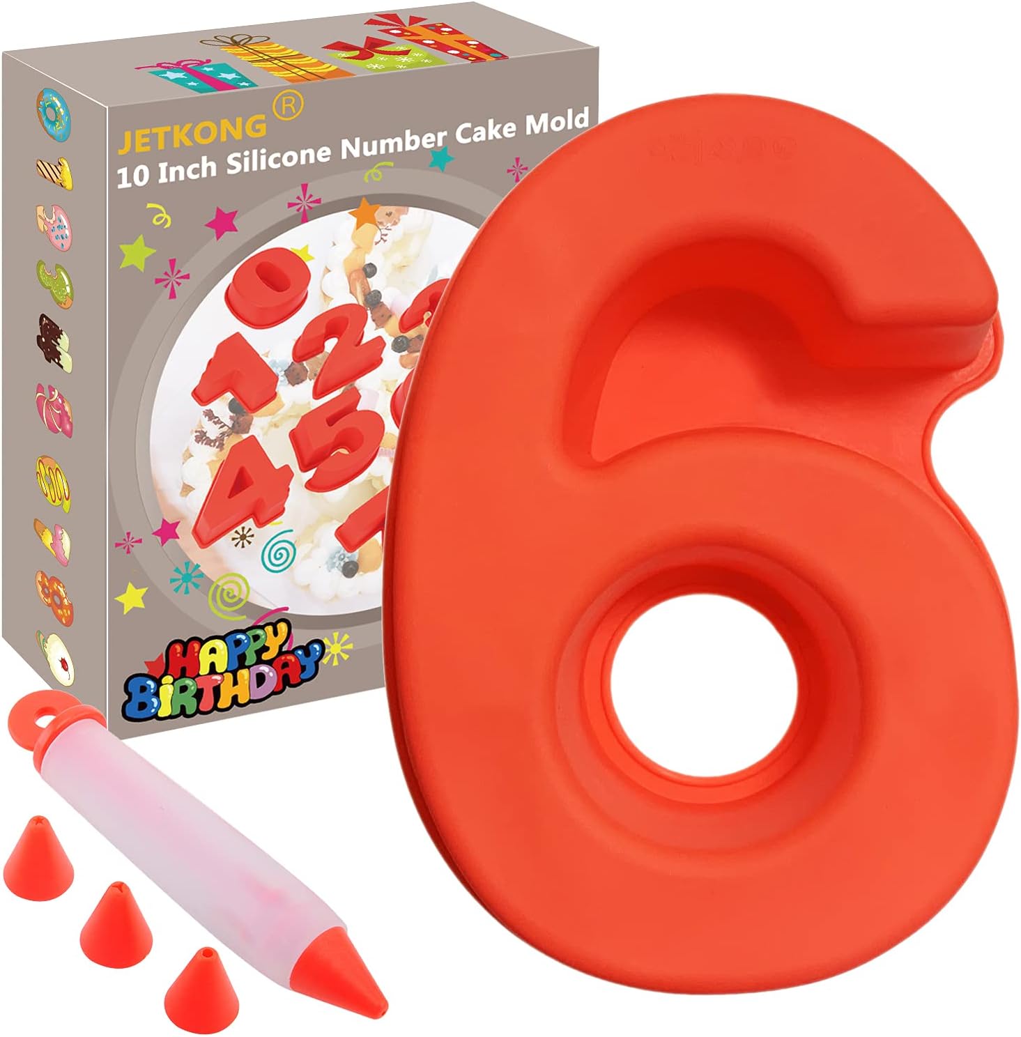 JETKONG 10-Inches Silicone Number Cake Mold DIY Baking Cake Pan with Decorating Pen (Number 6/9, Red)