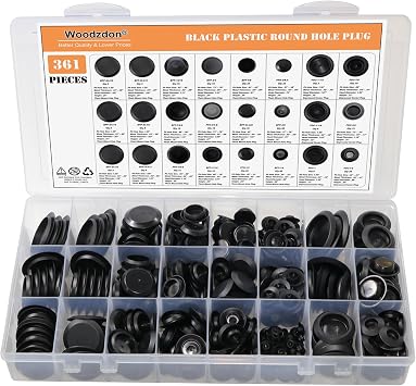 361pcs Flush Mount Black Plastic Hole Plug Assortment for Auto Body and Sheet Metal Fit Hole Sizes 1/4, 3/8, 1/2, 5/8, 11/16, 3/4, 7/8, 15/16, 1, 1-1/4, 1-1/2 inch Body Panel Plug Round Button Cap