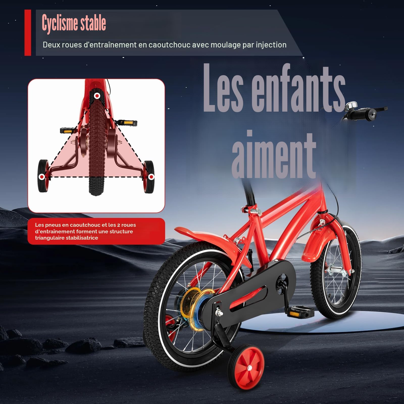 Vélo pour enfant de 3 à 6 ans, vélo avec roues stabilisatrices amovibles, double système de freinage, siège et accoudoirs réglables, plusieurs couleurs
