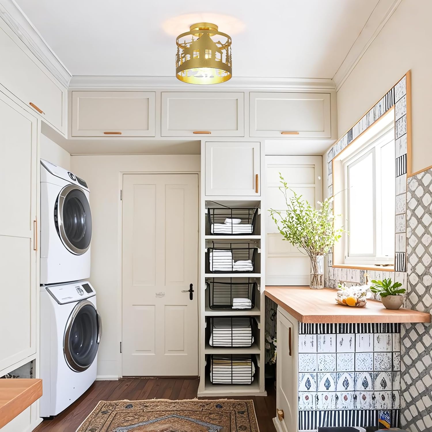 Rustic Semi-Flush Mount Ceiling Light, 9.1" Farmhouse Cabin Fixture with Deer, Bear Design, Gold Metal Ceiling Lamp for Bedroom, Living Room, Hallway, Entryway, E26 Base