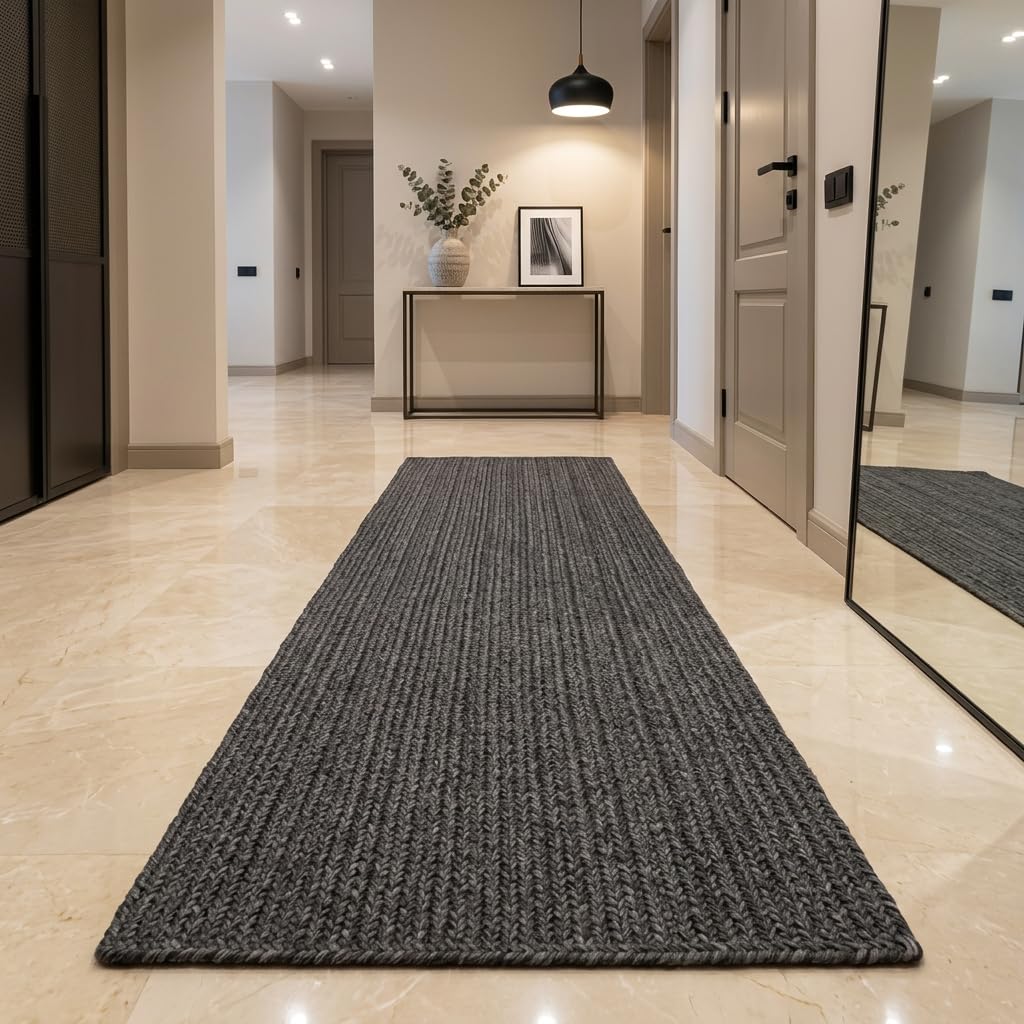Hand Woven Cotton Braided 2x8 feet Runner Rug - Washable, Low Pile Reversible Floor Mat for Kitchen, Entryway, Bedroom & Living Room – Eco-Friendly Woven Carpet - (Grey, Rect)-image-7