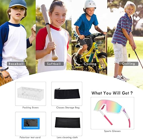 Miniatura 7 de MVPTGRS Gafas de sol de béisbol juveniles para niños y niñas de 8 a 14 años TR90 con marco para niños, gafas de sol deportivas para sóftbol,