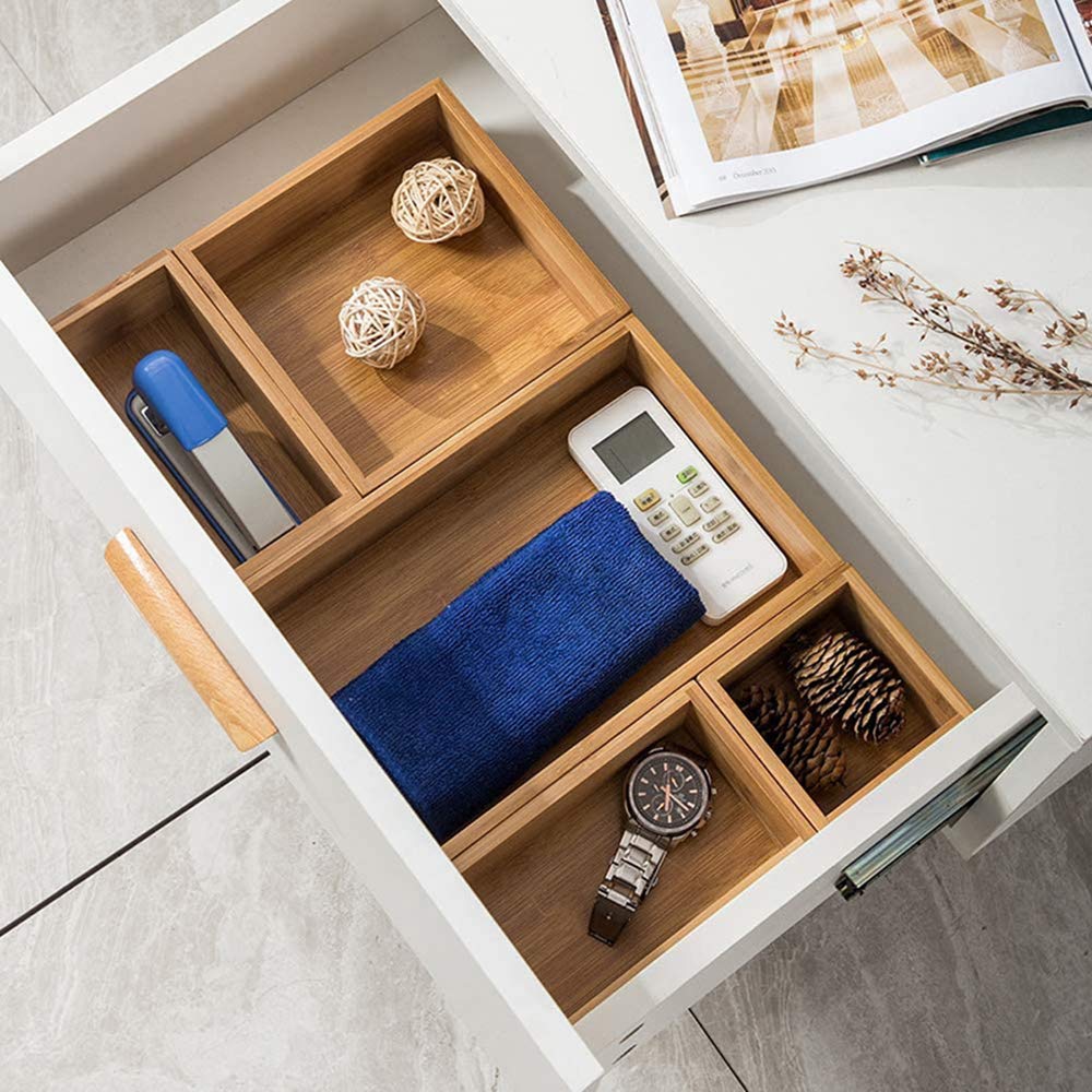 Lawei Set di 5 scatole organizer per cassetti, in bambù, da scrivania, per ufficio, cucina, camera da letto, camera dei bambini, artigianato, cucito
