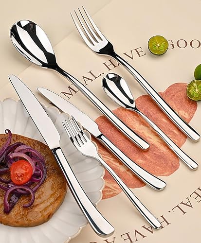 Miniatura 7 de Juego de cubiertos de acero inoxidable de 20 piezas, moderno servicio de cubiertos para 4, acabado espejo con tenedores, cucharas, cuchillos