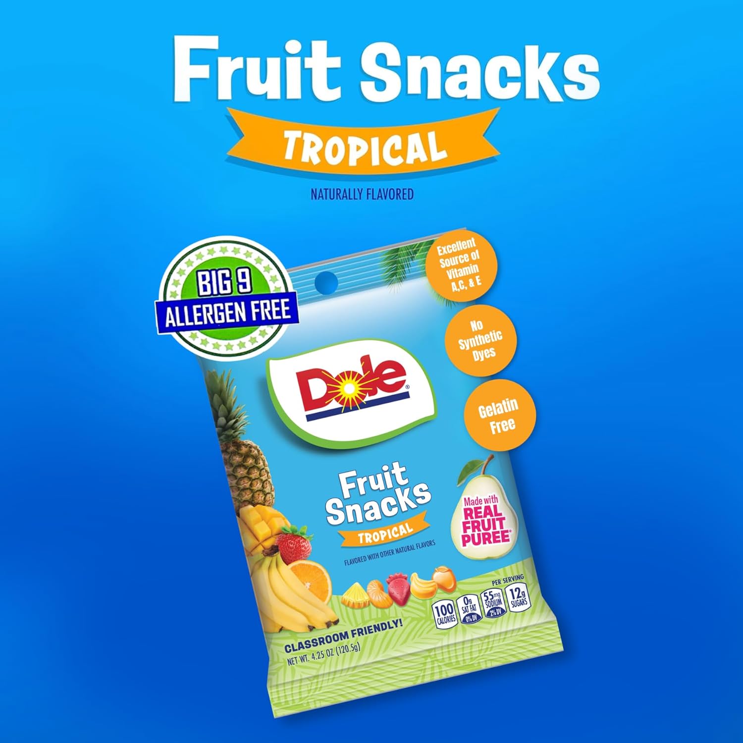 Dole Fruit Snacks, Tropical Flavors - Individually Wrapped Pouches - Classroom-Friendly, Top 9 Allergen Free, No Artificial Dyes, Natural Fruit Purée - 1 Box, 12 Total Pouches