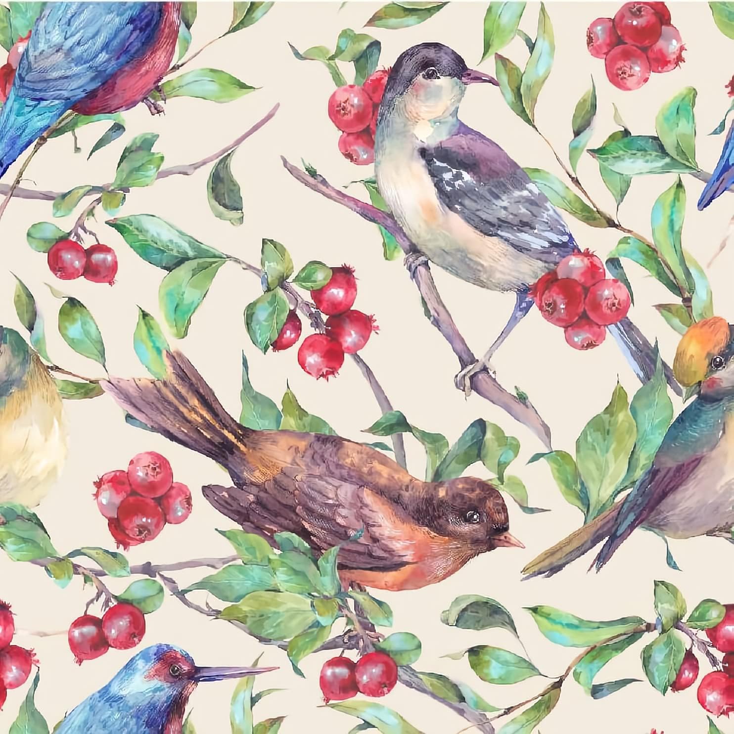 Leaf Wallpaper Peel and Stick Birds Wallpaper Vintage Removable Contact Paper Red Fruit Self Adhesive Wall Paper for Bedroom Bathroom Cabinet Drawers 17.7in x 9.8ft