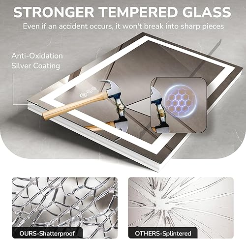 Miniatura 6 de USHOWER Espejo LED de 24 x 32 pulgadas para baño, espejo de baño LED frontal y retroiluminado con antiniebla, 3 colores regulables, función de