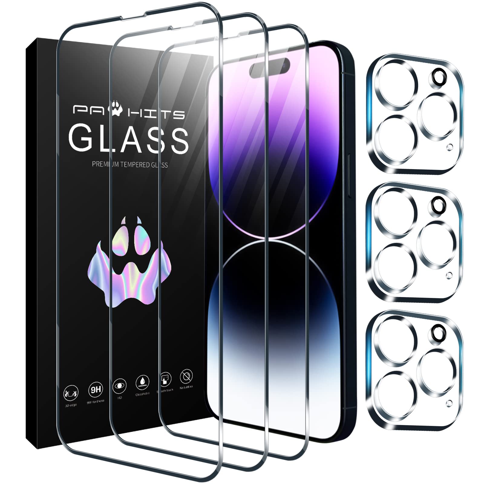 PAWHITS 3 Pack Screen Protector Compatible with iPhone 14 Pro 6.1-Inch with Camera Lens Protector Screen Tempered Glass Film 9H-Hardness Easy Installation Scratch Resistant