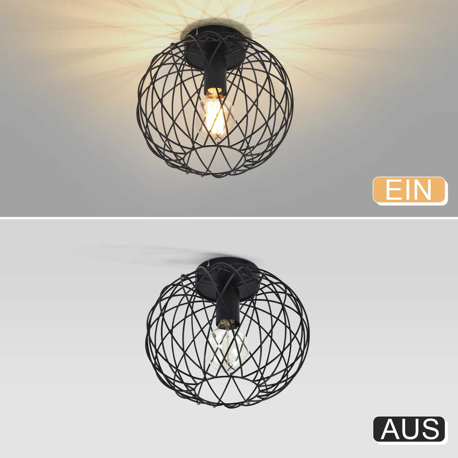 Glitzerlife Lampa sufitowa czarna lampa do korytarza industrialna 3ER | Lampa sufitowa E27 Vintage 1 płomień okrągły retro metalowy klosz lampa w kształcie klatki kratka jadalnia salon kuchnia