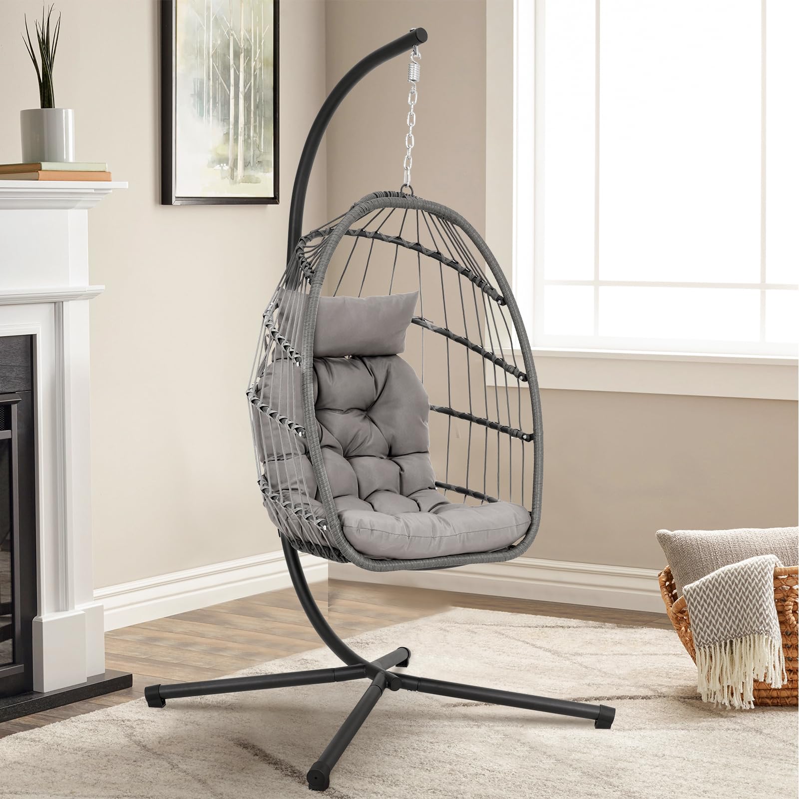 Warmiehomy Egg Chair Hanging Chair with Stand Garden Foldable Swing Chair with Cushion Rattan Hanging Egg Chairs for Indoor Outdoor Hammock Chair With Frame for Patio, Balcony