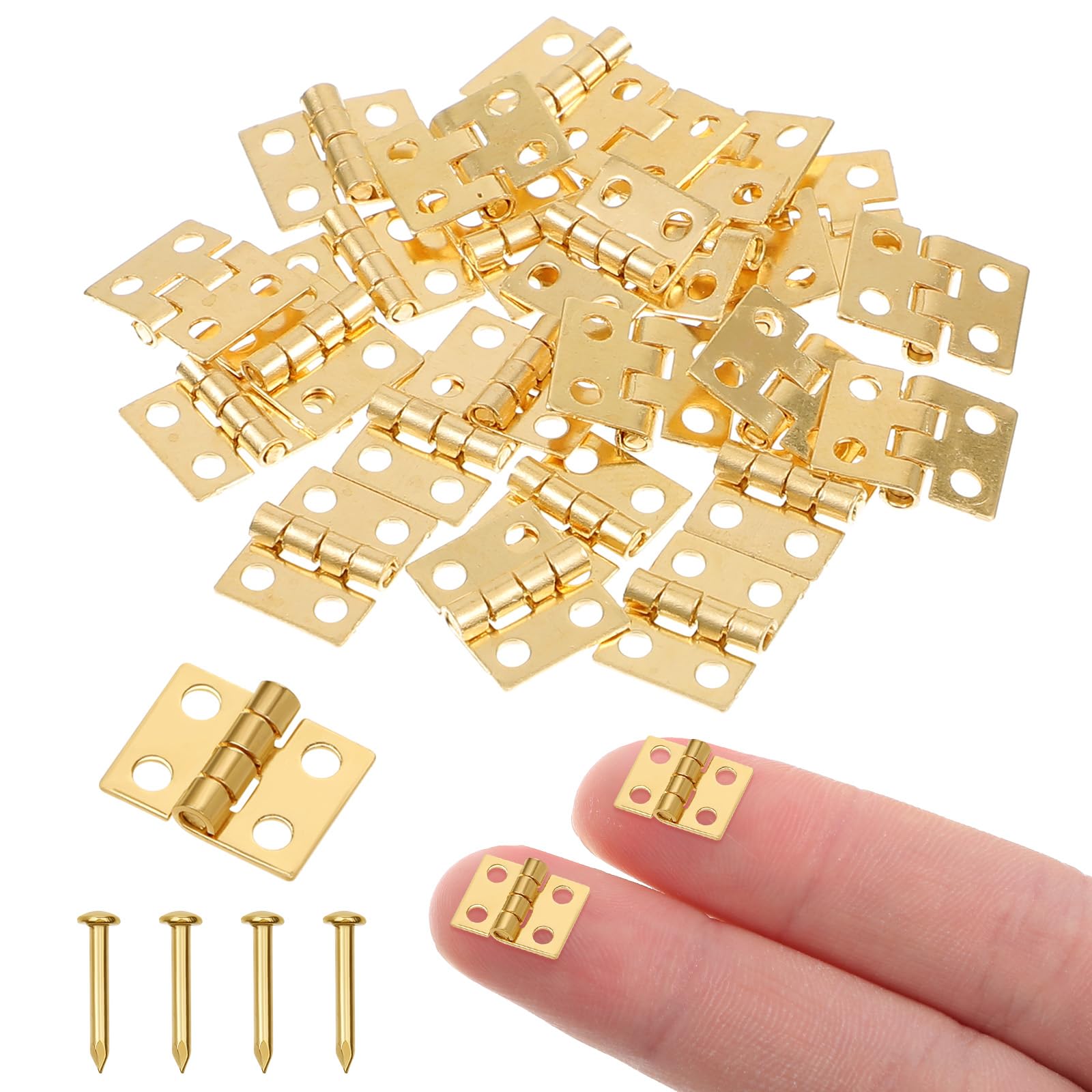 SynHHergyx 24Pcs 10 x 8mm Mini Dollhouse Hinges, 180 Degree Tiny Stainless Steel Gold Hinges for Miniature Furniture, Jewelry Box, DIY Accessories