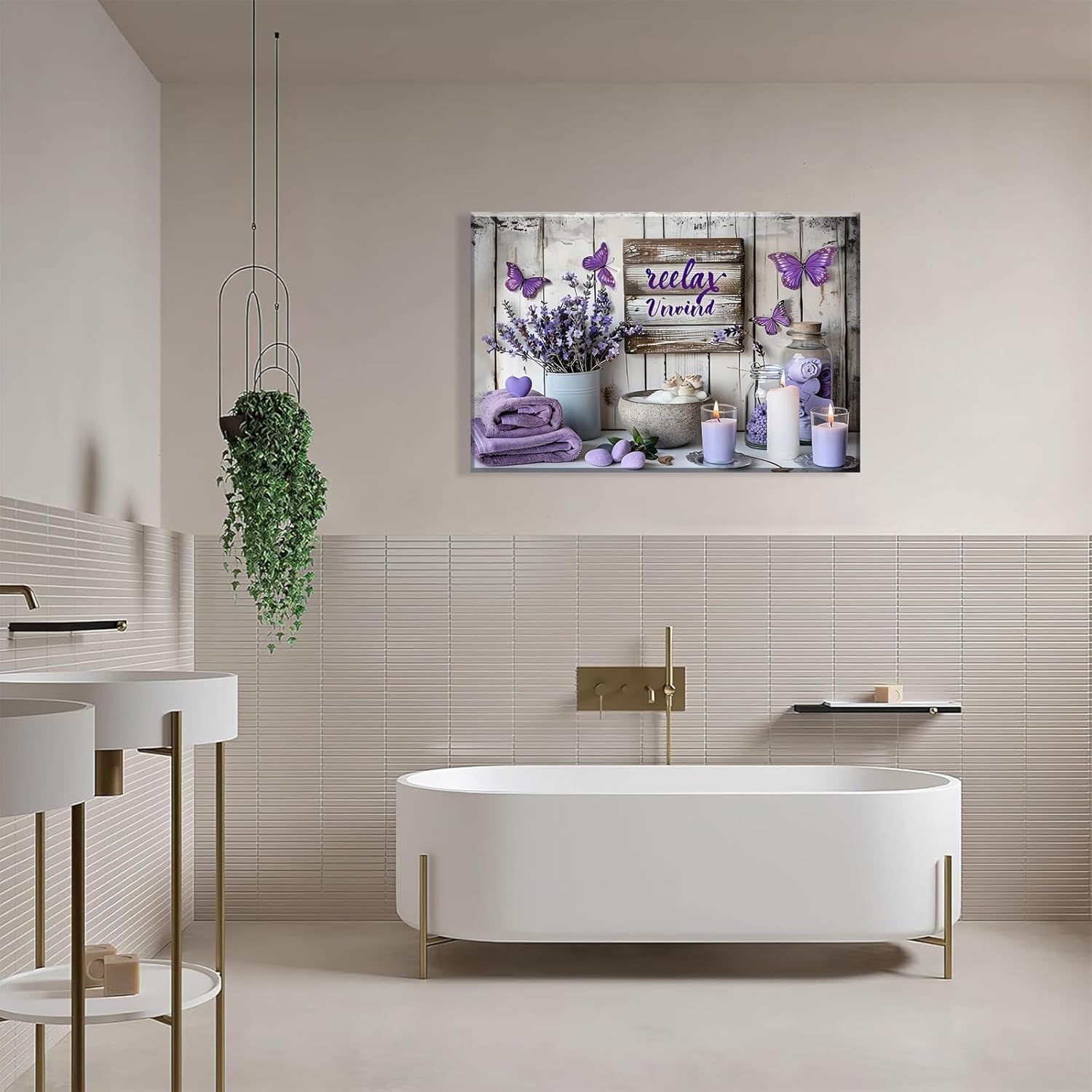 Purple Bathroom Canvas Wall Decor Relax Soak Canvas Wall Art Butterfly Floral Print Poster Artwrok Unwind Bathroom Washroom Painting Pictures 16x24 In