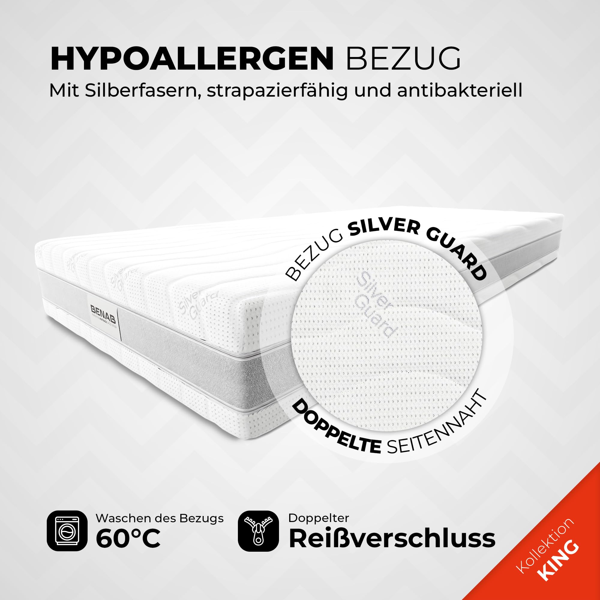 BENAB King ORIGINAL HR Coco Matratze mit Kokos 200 x 200 cm – 22cm Hoch – 7-Zonen Kaltschaummatratze & PUR-Schaum – Härtegrad H3/H4 Wendematratze – Antibakterieller Silver Guard Bezug