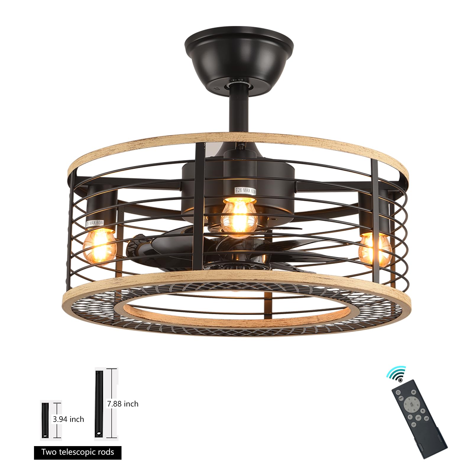 KINDLOV Industrial Ceiling Fan with Lights and Remote