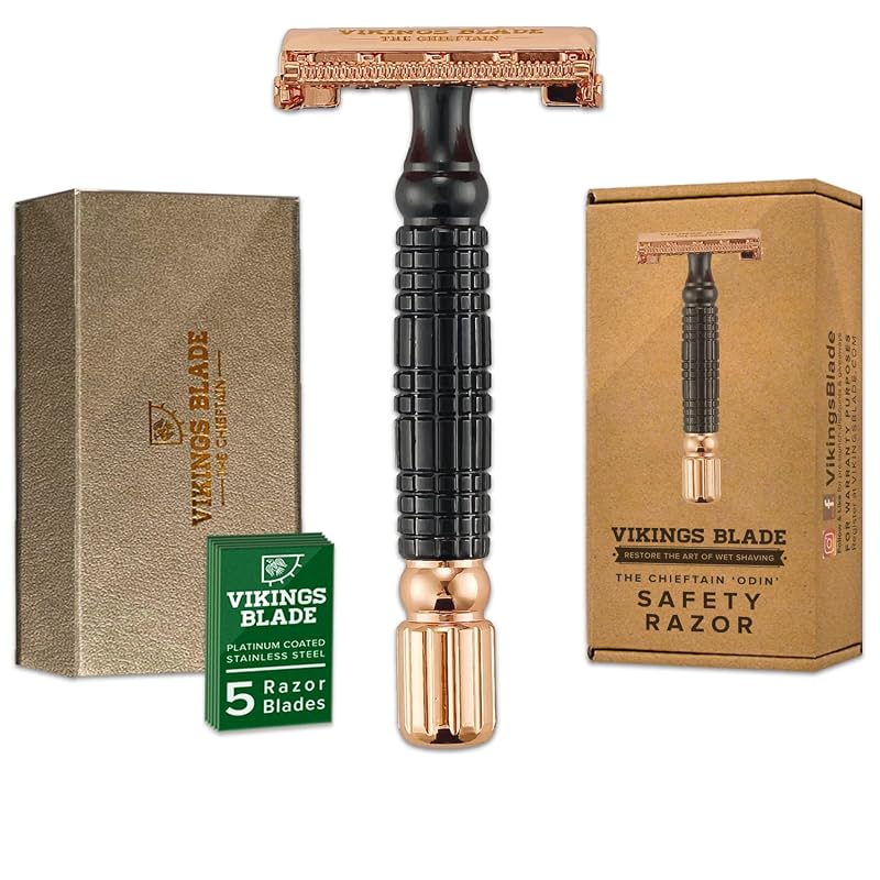 Aparelho de barbear de segurança Vikings Blade Chieftain “Odin” com lâmina dupla, 5 lâminas de aço sueco e estojo
