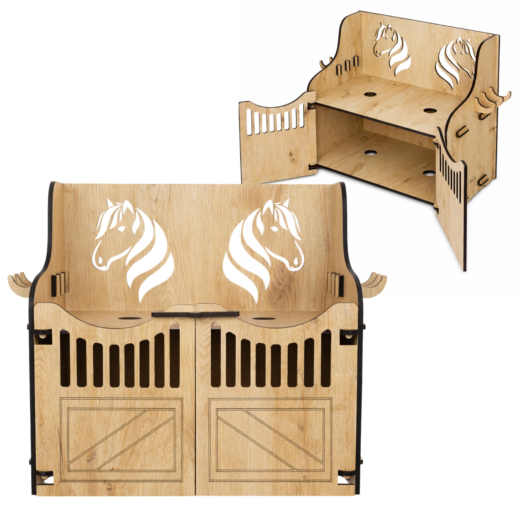 Hobby Horse Stall Wandhalterung – Halterung für 2 Steckenpferde | Hobby Horsing Pferdestall mit Türen, Haken & Stecksystem | Wandmontage mit Schrauben & Dübel – Designed in Germany