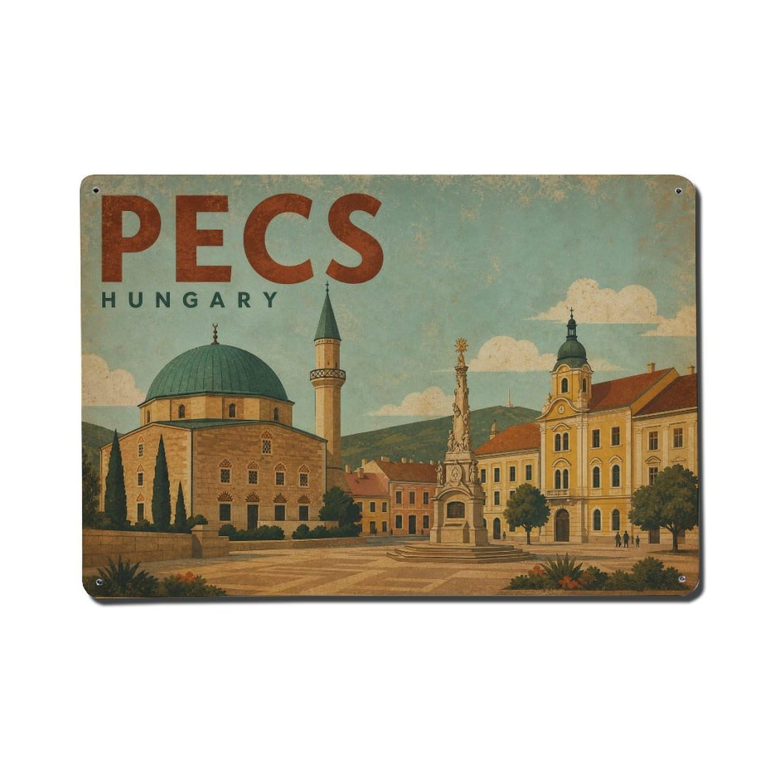 Vintage Travel Hungary Pecs Metal Tin Sign Plaque Wall Decor for Cafe, Club Bar, Office, Garden Metal Poster 8x12Inch