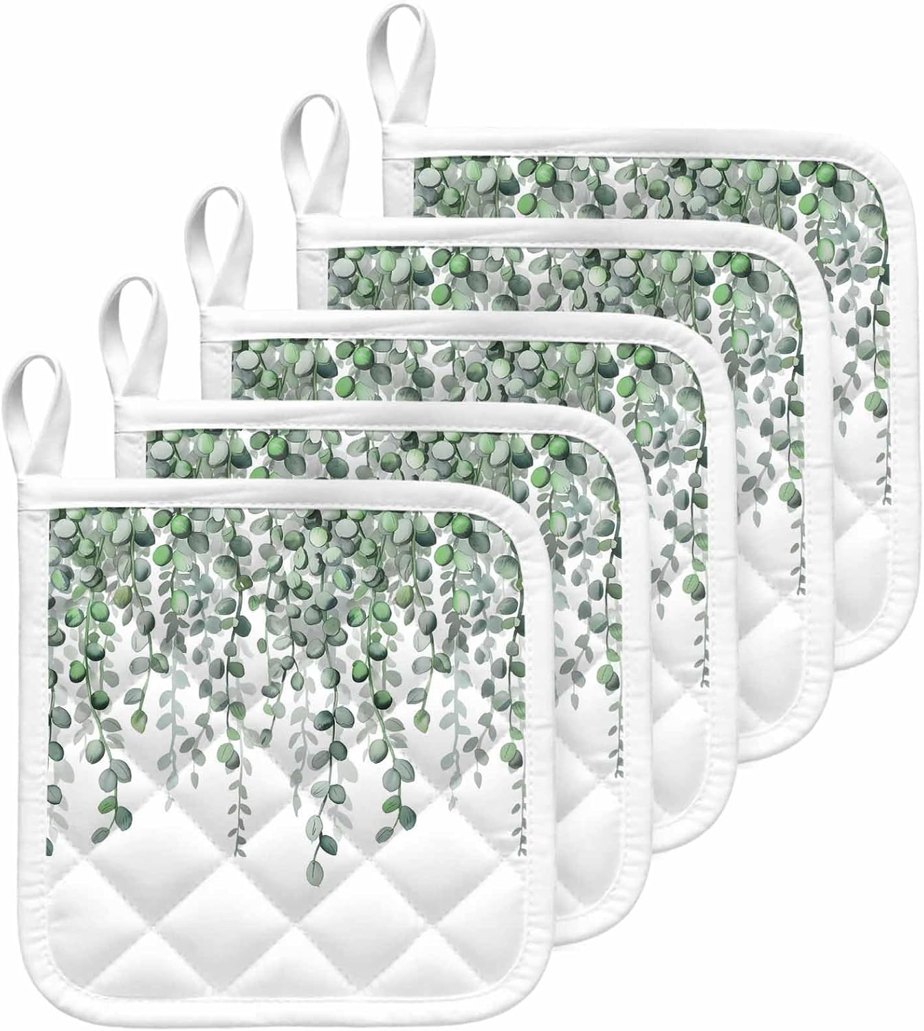 5 Pack Pot Holders for Kitchen, Green Eucalyptus Leaves Hot Pads for Kitchen Countertops Oven Pot Holder Bulk, Summer Botanical Weeping Watercolor Heat Insulation Potholders with Hanging Loops