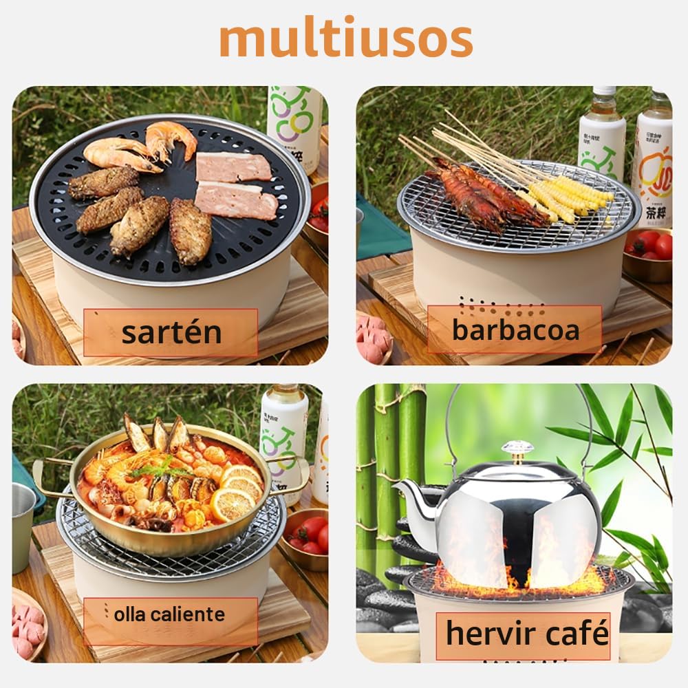 SANQIAHOME Parrilla portátil de carbón de acero inoxidable, antiadherente, redonda, barbacoa o olla caliente, agua hirviendo, estufa de carbón para fiesta en casa, campamento al aire libre
