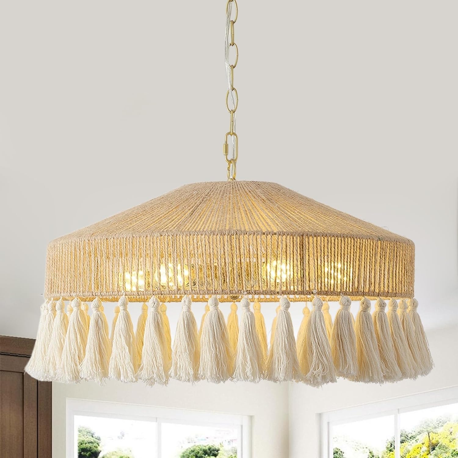 Stesulfr Rattan chandelier pastoral linen Pendant Light dining room adjustable bohemian style hand-woven hemp rope and cotton rope Hanging Lamp suitable for living room bedroom kitchen above(30cm)