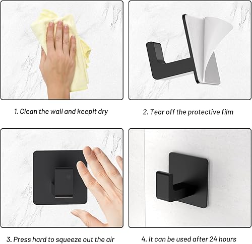 Miniatura 6 de Ganchos de toalla para adhesivo de baño, paquete de 4 ganchos de baño negro mate para toallas, gancho de toalla resistente a la corrosión, ganchos