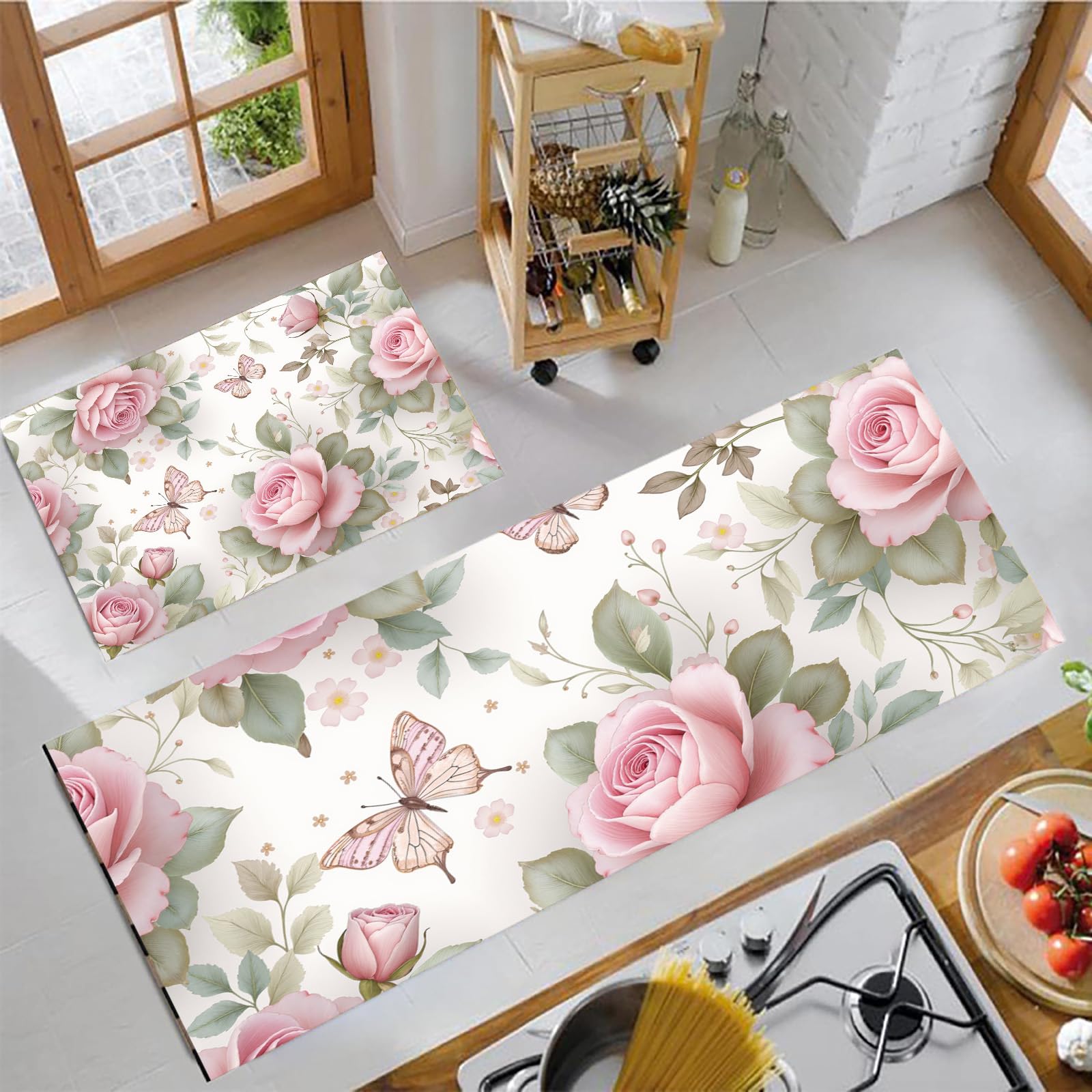 Tapis de cuisine antidérapant et lavable en machine lot de 2 roses