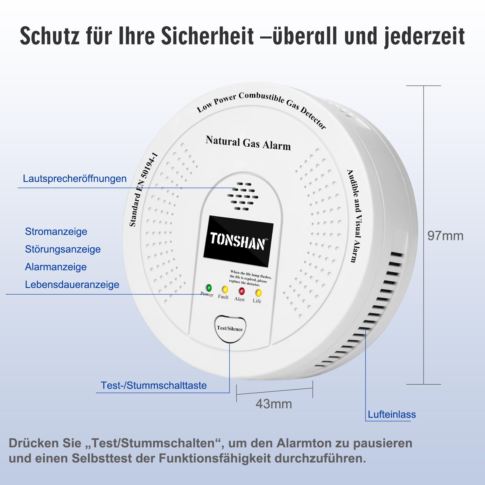 Gasmelder Erdgasdetektor CH4/Propan/Methan 100% Batteriebetrieben - Kombinierter Gasalarm mit Optischem & Akustischem Alarm - Gassensor für Sicherheit in Haushalt (Batterie enthalten)