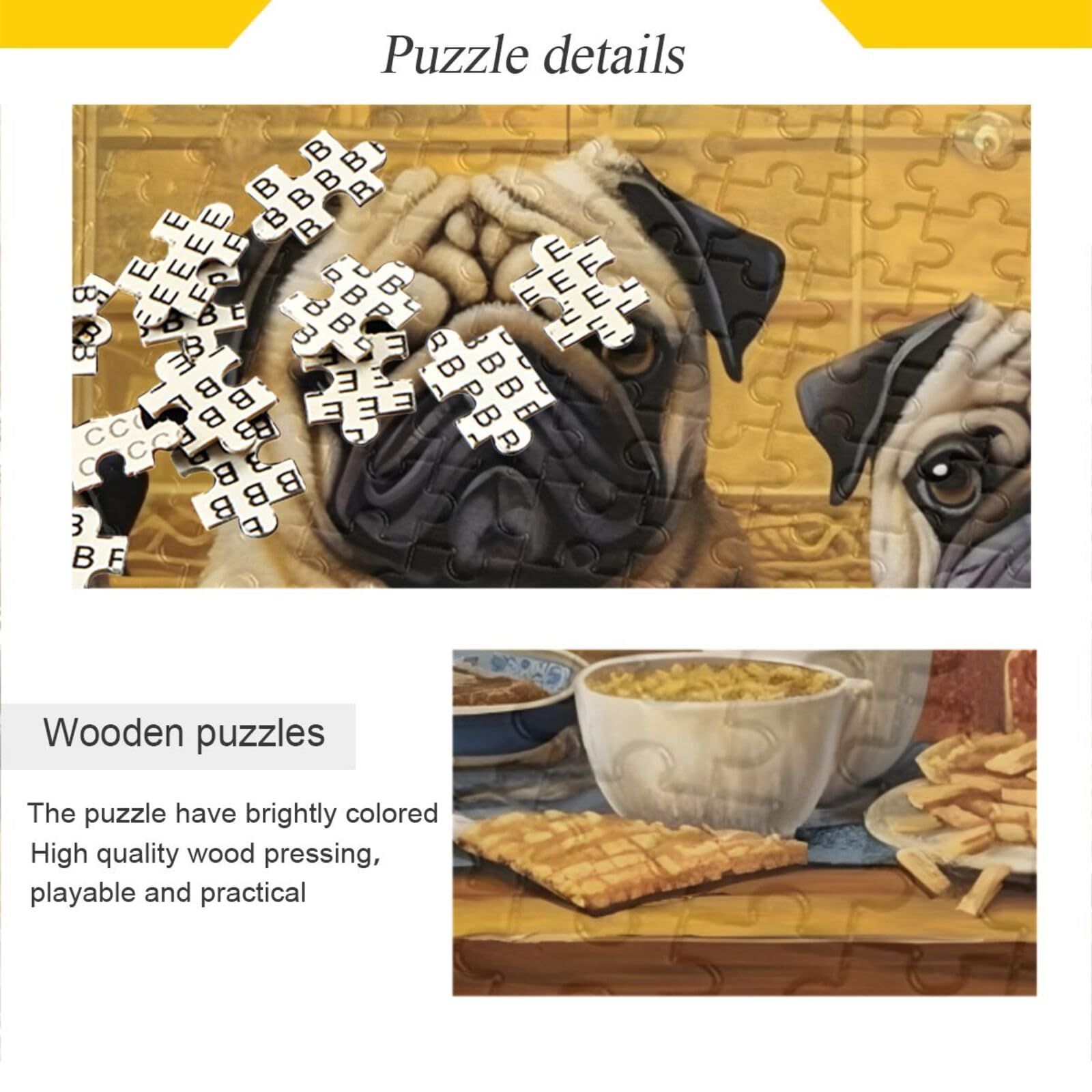 ZENWAWA 1000 Piece Wooden Jigsaw Puzzle - Two Pugs Painting, With Alphabet Letters On Back & Storage Bag - View #5