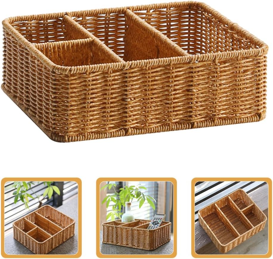 Wicker Divided Storage Basket, Rectangular Hand-woven Baskets Plastic Drawer Baskets Organizer for Organizing Cabinet Coffee Table Toilet Paper