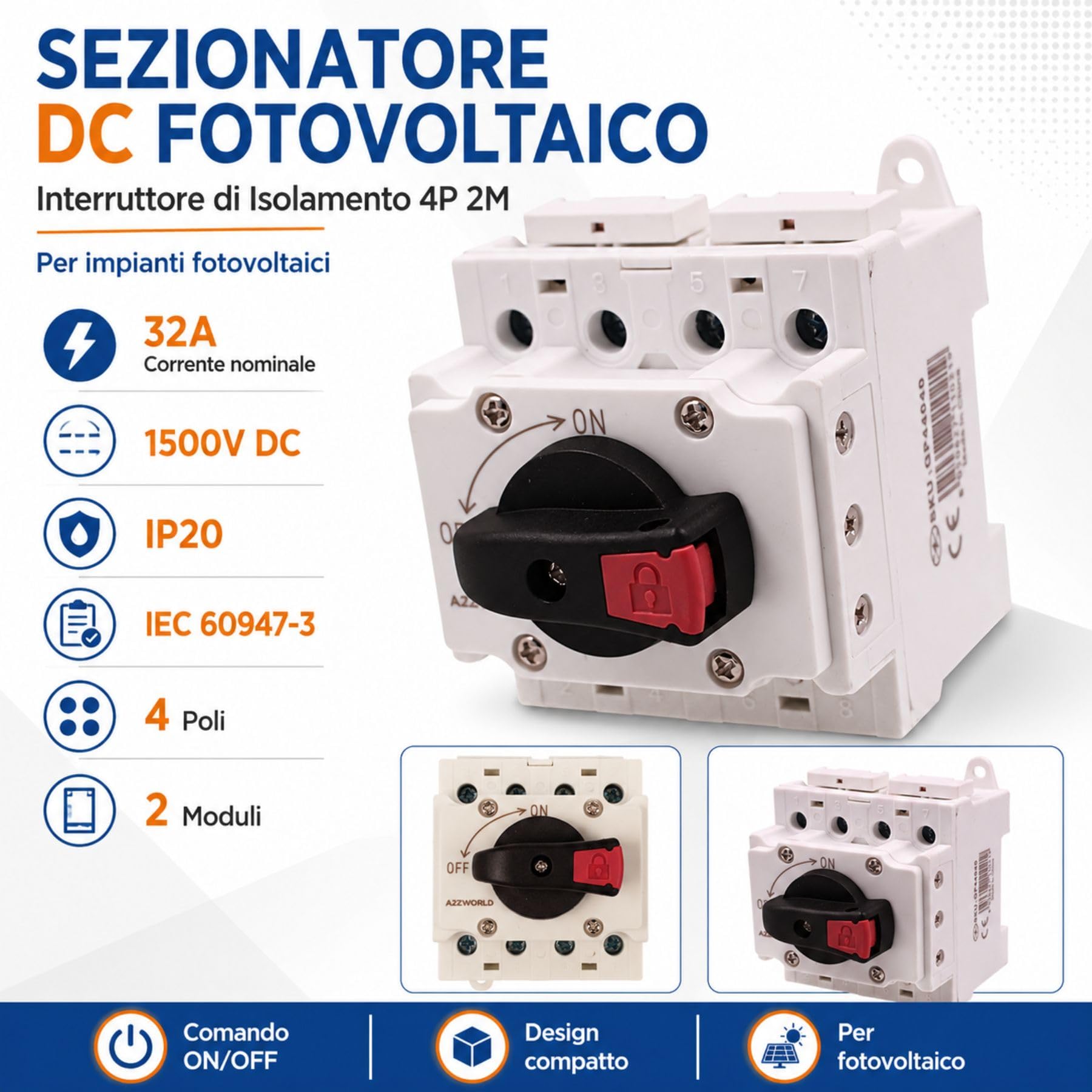 4 Pezzi Sezionatore DC Fotovoltaico 4 Poli 32A, 1500V DC, Interruttore Sezionatore Corrente Continua per Pannelli Solari, Larghezza 66mm, Manopola ON/OFF Bloccabile