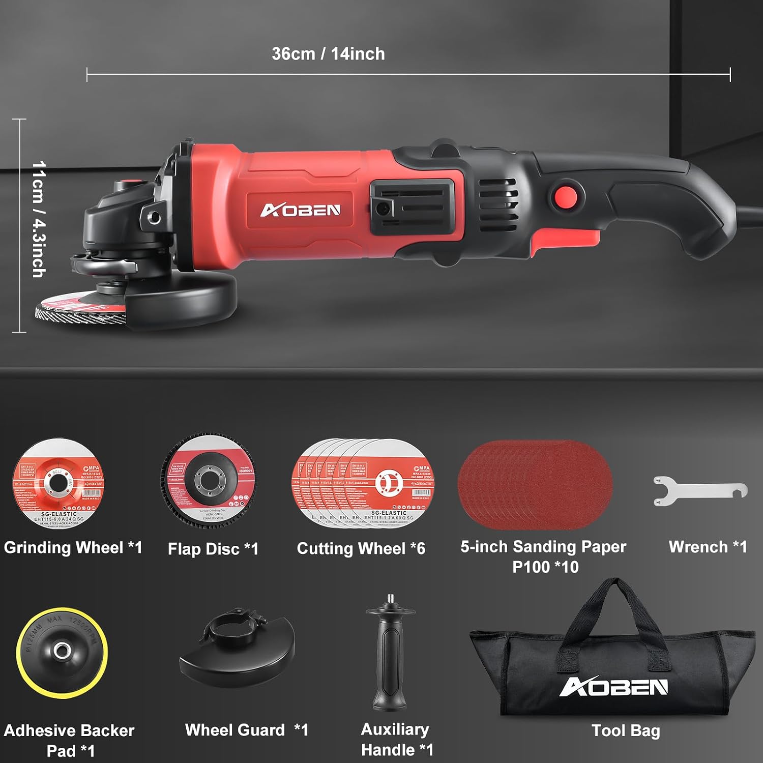 Contents of the AOBEN Angle Grinder kit including the grinder, various discs, wheel guard, auxiliary handle, wrench, and tool bag.