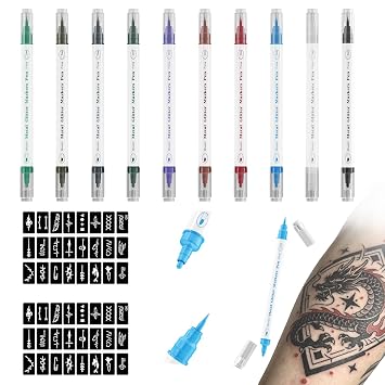 POSEIDON Body Art Drawing Kit - 10 Double-Ended Skin Markers & 83 Reusable Stencils for Temporary Tattoos, Costume and Party