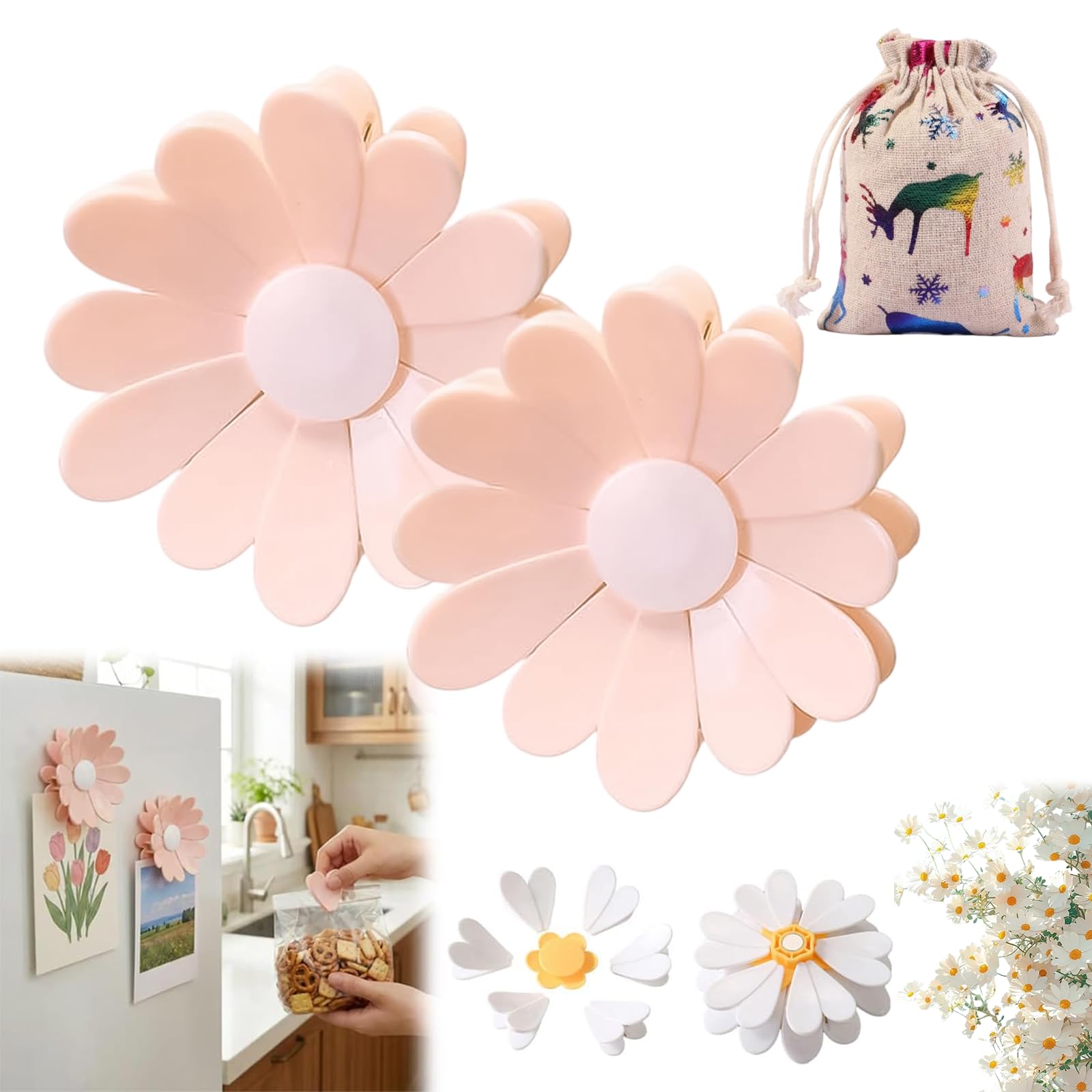 Cherry-Shaped Magnetic Food Clip & Fridge Magnet, Daisy Blossom Bag Clips, Cute Flower Magnet Bag Clips, Multi-Clip Petal Decorative Fridge Magnetic, for Organizer, Kitchen, Office (Pink*2)