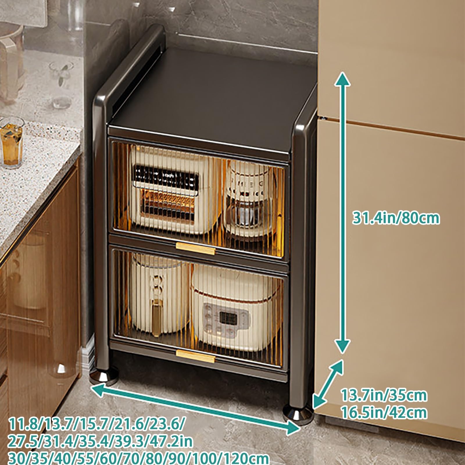 Carrito de almacenamiento delgado con puertas abatibles, despensa transparente, estante de acero al carbono para cocina, sala de estar, comedor, 23.6 x 16.5 x 31.5 pulgadas, color gris
