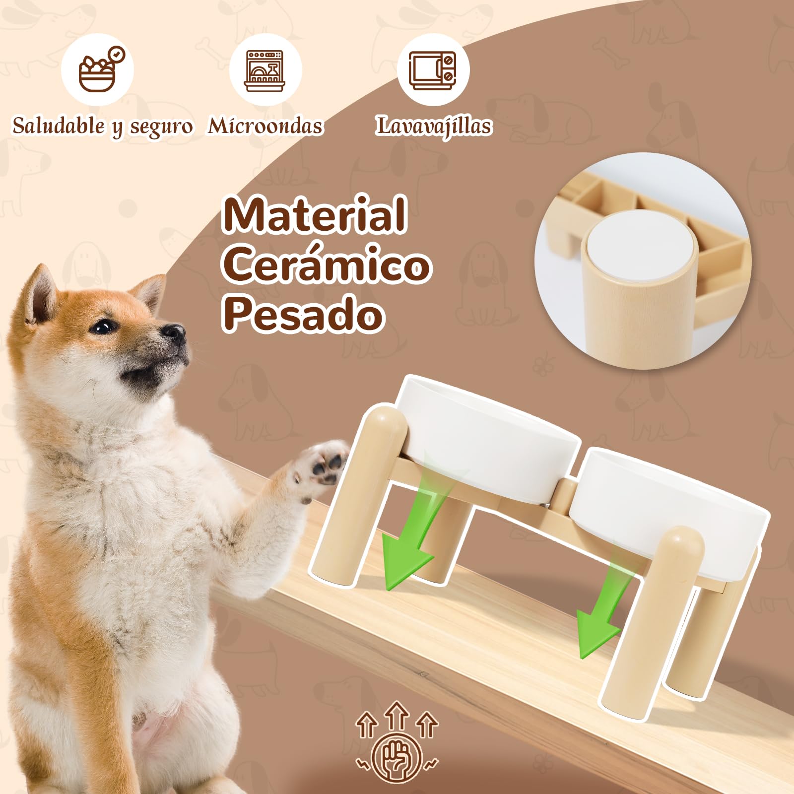 Comedero Elevado para Perro de Cerámica - Cuencos Doble con Soporte Antideslizante - para Agua y Comida - Apto para Perros Medianos y Grandes - 2 x 2000 ml - Verde