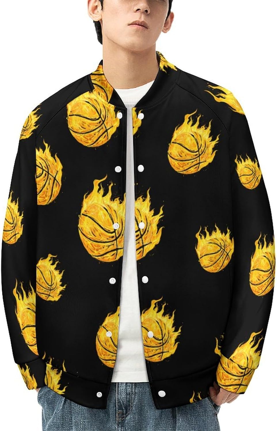 Fire Basketball Ball Flaming Novelty Men's Baseball Jackets Causal Sweatshirt Button Top Long Sleeve Coat