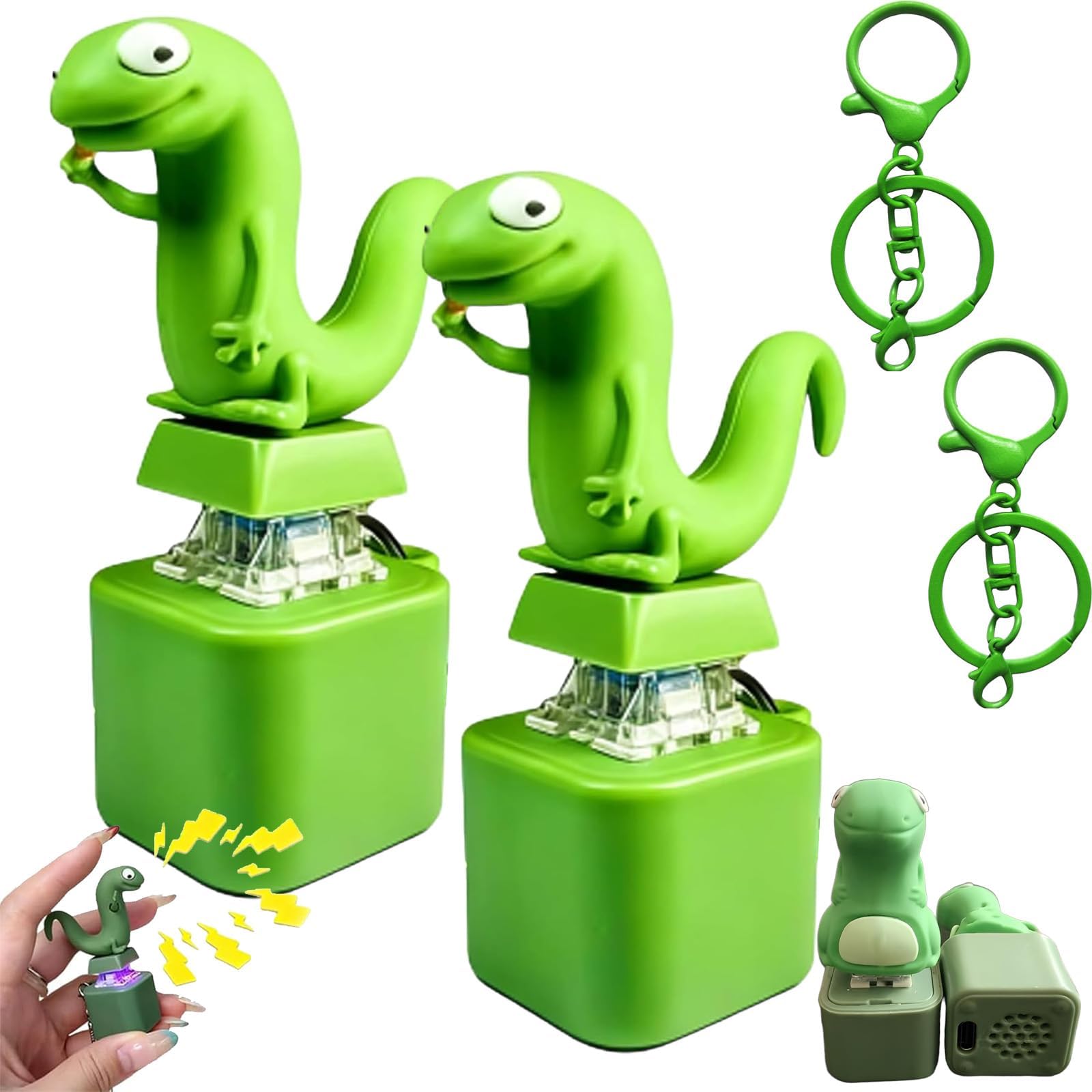 Lizard Keychain Sound Fidget Toy, Light Up Keyboard Clicker with Quacking Sound, Portable Stress Relief Lizard Button for Adults Kids, Funny Sensory Keyring Gift for ADHD Anxiety Office Desk (2Pcs)